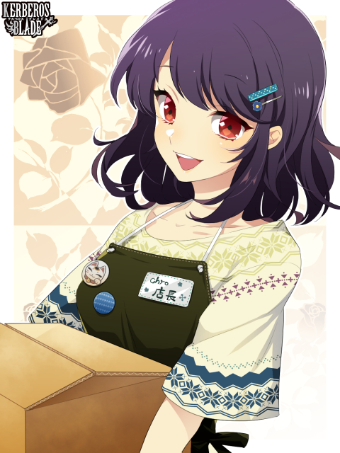 1girl :d apron badge black_hair box button_badge copyright_name hair_ornament hairclip holding holding_box kerberos_blade l_(matador) medium_hair name_tag open_mouth red_eyes short_sleeves simple_background smile solo upper_body