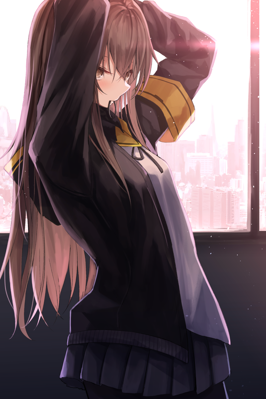 1girl alternate_hairstyle armband arms_up backlighting bangs black_jacket black_neckwear black_skirt blouse brown_eyes brown_hair cityscape closed_mouth commentary cowboy_shot day from_side girls_frontline hair_down hair_tie hair_tie_in_mouth hands_in_hair highres hood hood_down hooded_jacket indoors jacket knoy3356 light_particles long_hair long_sleeves miniskirt mouth_hold neck_ribbon open_clothes open_jacket pleated_skirt ribbon skirt solo standing sunlight tying_hair ump45_(girls_frontline) white_blouse window