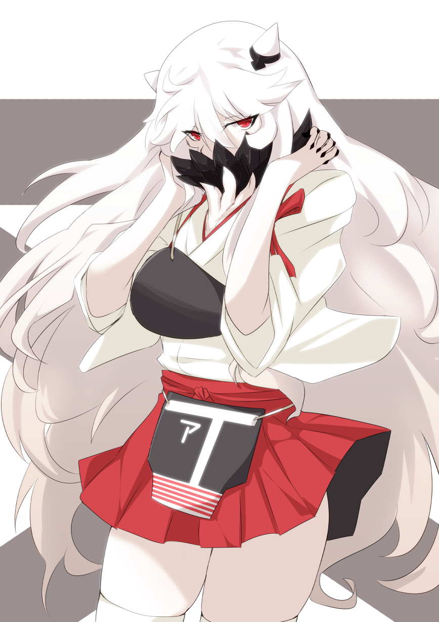 1girl akagi_(kantai_collection) akagi_(kantai_collection)_(cosplay) alternate_costume breasts cosplay covered_mouth cowboy_shot flight_deck gloves hakama_skirt highres horns kantai_collection large_breasts long_hair looking_at_viewer midway_hime muneate pale_skin partly_fingerless_gloves red_eyes sangue_llia shinkaisei-kan skindentation solo thighs very_long_hair white_hair white_skin yugake