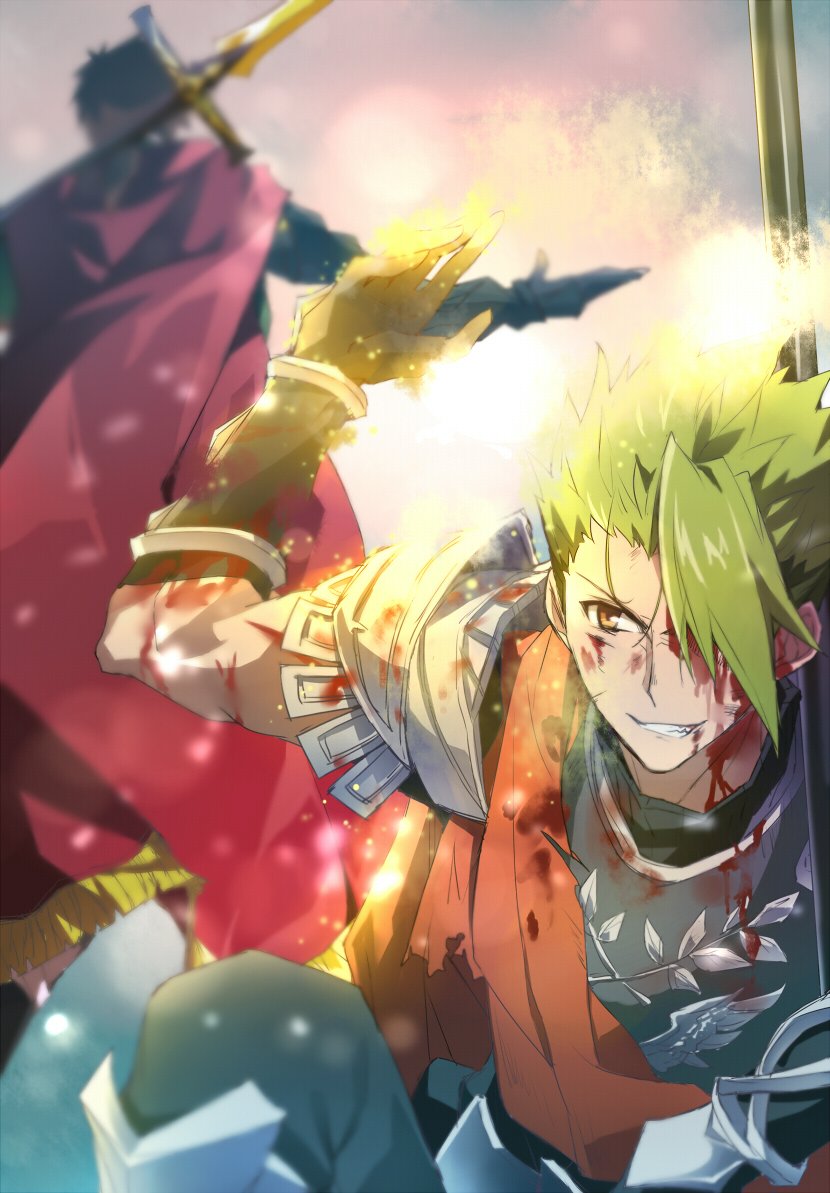 2boys achilles_(fate) armor blood blood_on_face bloody_clothes brown_hair cape fate/grand_order fate_(series) green_hair grin hector_(fate/grand_order) male_focus multiple_boys over_shoulder polearm smile spear tsuedzu weapon weapon_over_shoulder