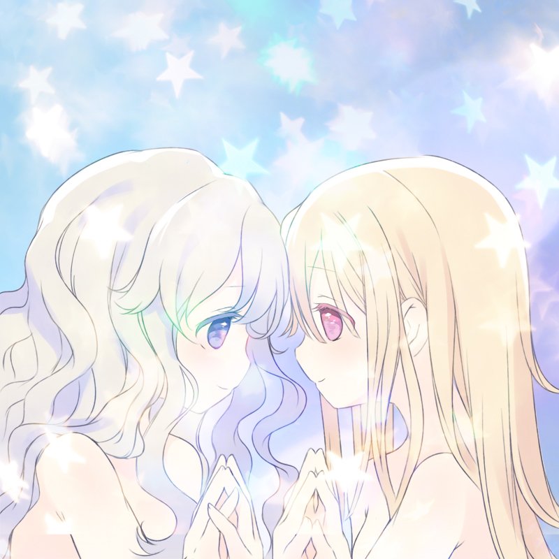 2girls blonde_hair closed_mouth eye_contact grey_hair hands_together hands_up hinayuki_usa long_hair looking_at_another multiple_girls nude original profile red_eyes smile star upper_body violet_eyes wavy_hair