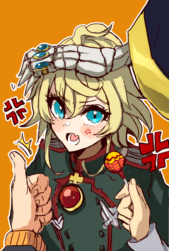 1girl ahoge ainz_ooal_gown anger_vein blonde_hair blue_eyes blush candy chupa_chups crossover eyebrows_visible_through_hair fang food hair_between_eyes isekai_quartet jewelry kono_subarashii_sekai_ni_shukufuku_wo! lollipop long_sleeves looking_at_viewer military military_uniform multiple_rings natsuki_subaru open_mouth orange_background overlord_(maruyama) petting re:zero_kara_hajimeru_isekai_seikatsu ring sakusan_yousoeki satou_kazuma short_hair simple_background skeleton skin_fang solo_focus tanya_degurechaff thumbs_up uniform wide_sleeves youjo_senki