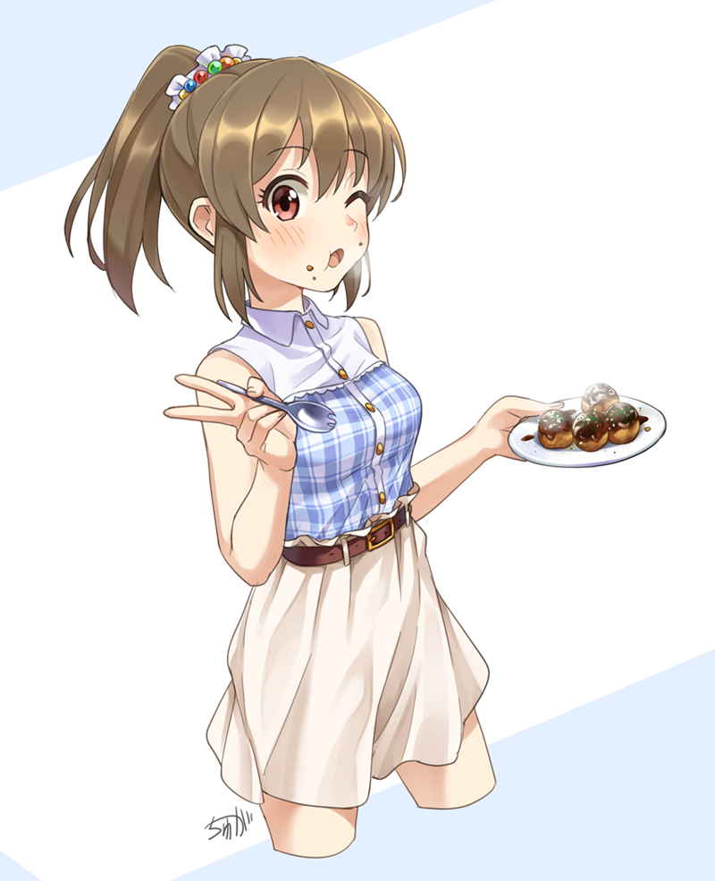 1girl bare_shoulders belt blush breath brown_hair collared_shirt commentary_request cowboy_shot cropped_legs eating eyebrows_visible_through_hair food food_on_face hair_bobbles hair_ornament high-waist_skirt high_ponytail holding holding_plate hori_yuuko idolmaster idolmaster_cinderella_girls long_hair looking_at_viewer one_eye_closed plaid plate ponytail red_eyes shirt signature skirt sleeveless sleeveless_shirt solo spork takoyaki two-tone_background tyuga v