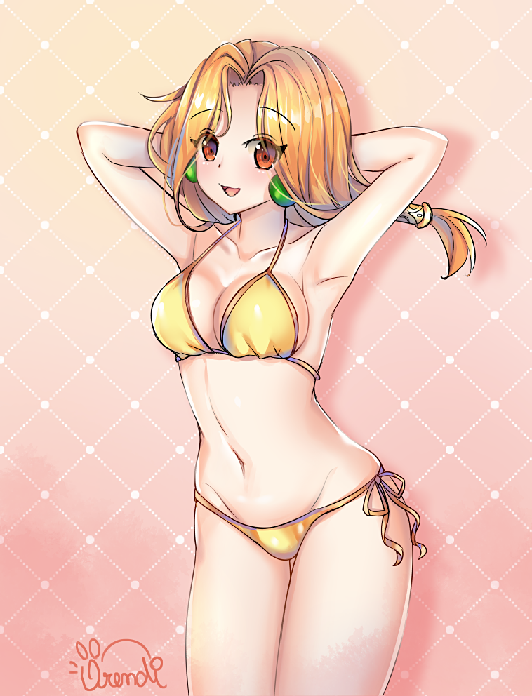 1girl :3 :d armpits arms_behind_head bangs bikini breasts collarbone earrings eyebrows_visible_through_hair green_earrings hair_tubes jewelry long_hair looking_at_viewer low_twintails medium_breasts navel open_mouth orange_hair orendi_laran parted_bangs red_eyes side-tie_bikini smile sodina_dawnfried solo stomach swimsuit thousand_arms twintails wind yellow_bikini