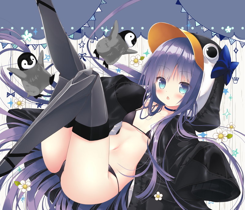 1girl animal animal_hood ass bangs bikini bikini_under_clothes bird black_bikini black_jacket blue_bow blue_choker blue_eyes blush bow breasts choker commentary_request eighth_note eyebrows_visible_through_hair fate/grand_order fate_(series) flower hood hood_up hooded_jacket jacket knee_up leg_up long_hair long_sleeves looking_at_viewer mayumayunekoneko meltryllis meltryllis_(swimsuit_lancer)_(fate) musical_note navel open_clothes open_jacket parted_lips penguin penguin_hood pennant purple_hair sleeves_past_fingers sleeves_past_wrists small_breasts solo sparkle star string_of_flags swimsuit very_long_hair white_flower