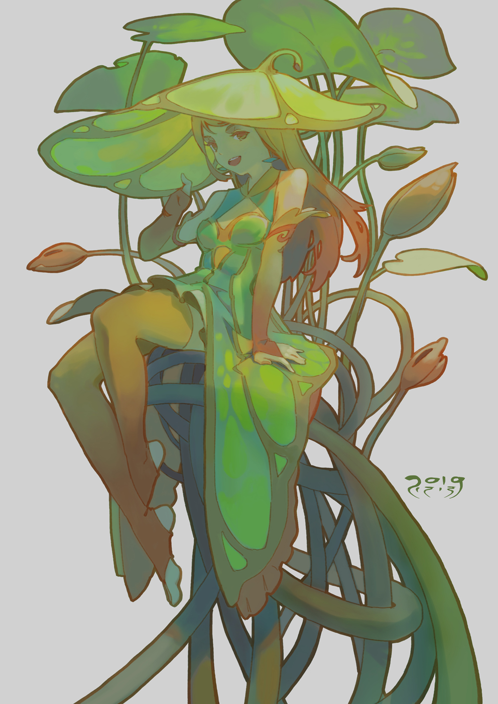 1girl :d bare_shoulders bridal_gauntlets brown_hair commentary dated dress earrings full_body green_dress green_headwear grey_background hat highres jewelry leaf long_hair looking_at_viewer monster_girl open_mouth original plant plant_girl simple_background sitting smile thigh-highs toeless_legwear xiaobanbei_milk