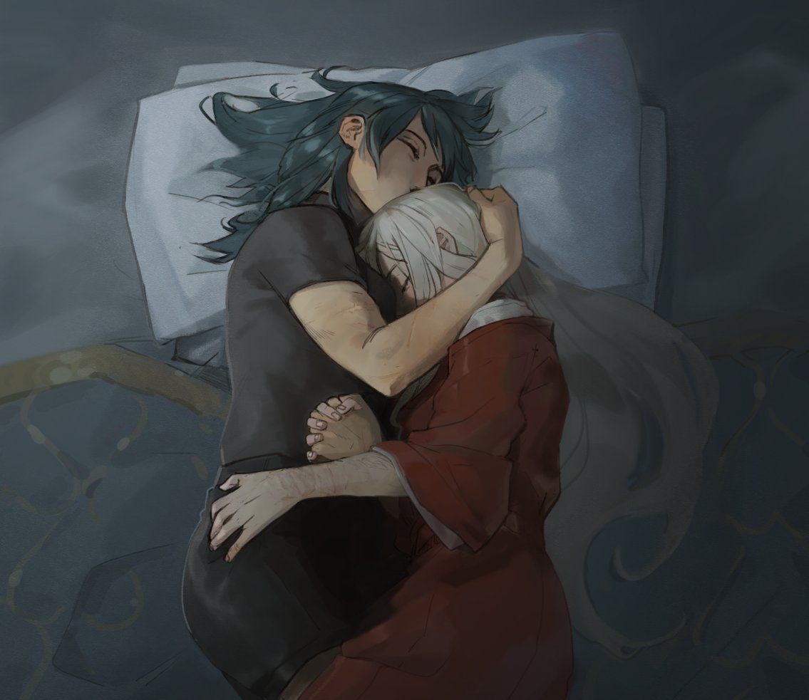 2girls arm_scar byleth_(fire_emblem) byleth_eisner_(female) closed_eyes edelgard_von_hresvelg fire_emblem fire_emblem:_three_houses green_hair grey_hair hand_on_another's_head hand_on_another's_hip holding_hands long_hair multiple_girls papers_ev pillow short_hair sleeping yuri