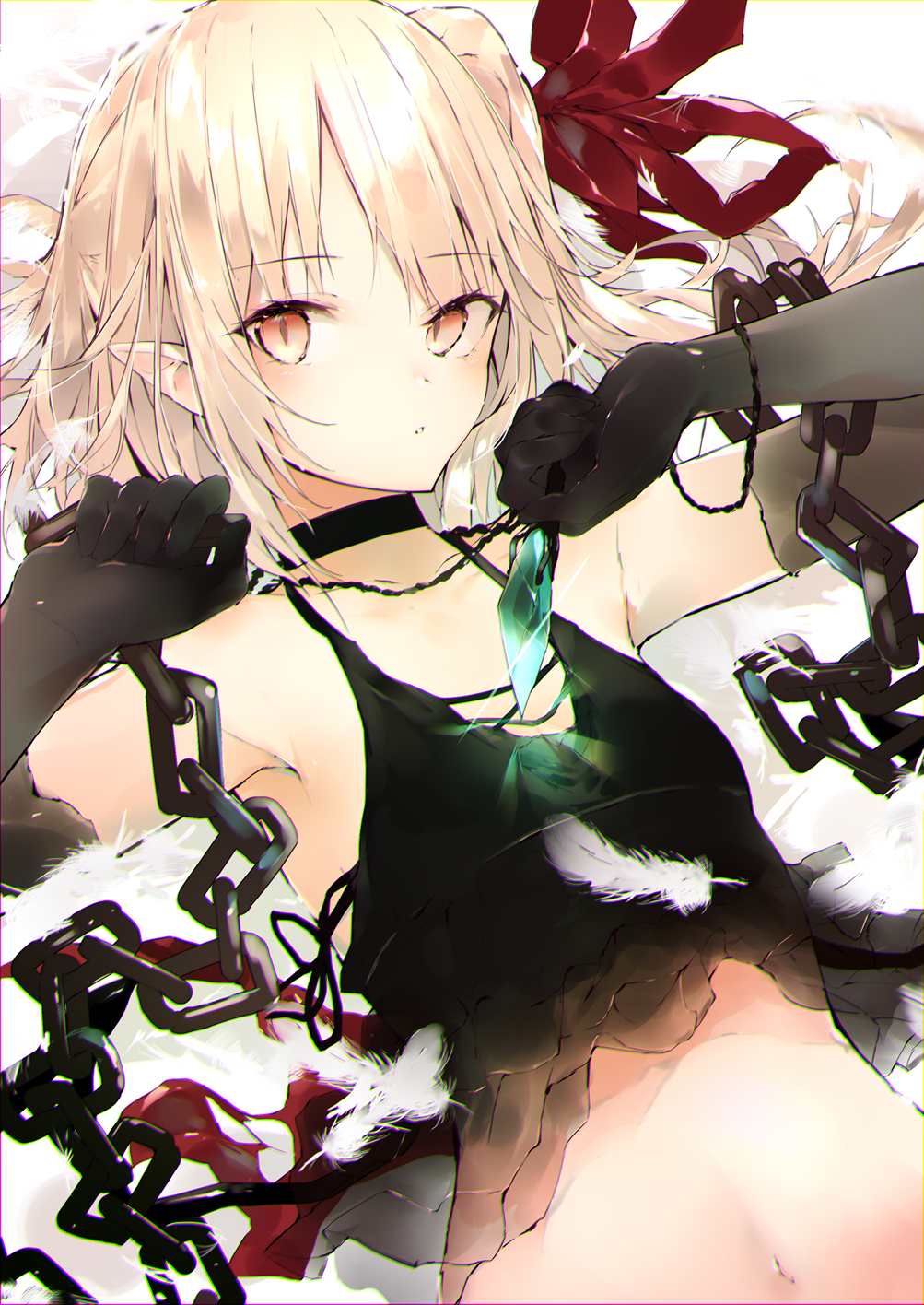 1girl bangs black_choker black_gloves blonde_hair blush camisole chain choker chromatic_aberration commentary crop_top crystal elbow_gloves eyebrows_visible_through_hair feathers flandre_scarlet gloves hair_ribbon highres long_hair looking_at_viewer midriff navel no_hat no_headwear pointy_ears red_ribbon ribbon sakusyo sidelocks solo stomach symbol_commentary touhou upper_body white_background yellow_eyes