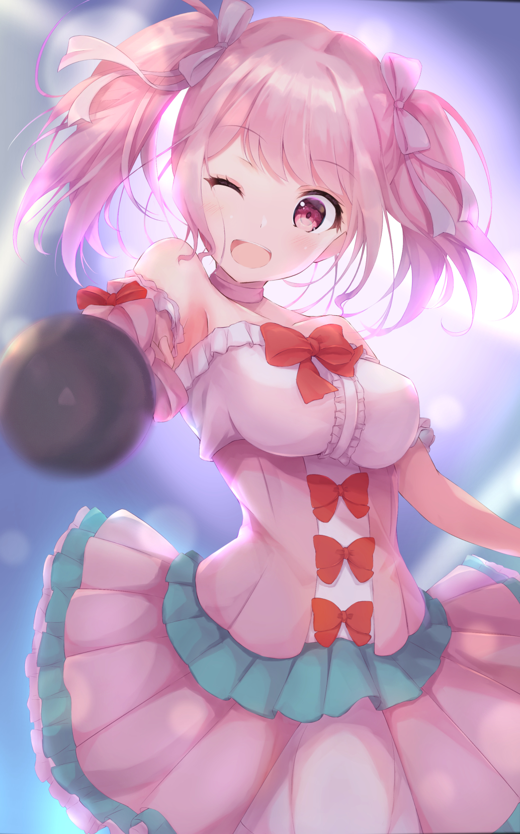 1girl ;d bang_dream! bangs bare_shoulders blurry blurry_background bow breasts center_frills choker collarbone commentary_request depth_of_field dress eyebrows_visible_through_hair hair_ribbon head_tilt highres holding holding_microphone kurai_masaru looking_at_viewer maruyama_aya medium_breasts medium_hair microphone one_eye_closed open_mouth outstretched_arm pink_choker pink_dress pink_eyes pink_hair red_bow ribbon shiny shiny_hair short_dress smile solo standing strapless strapless_dress twintails underbust white_ribbon