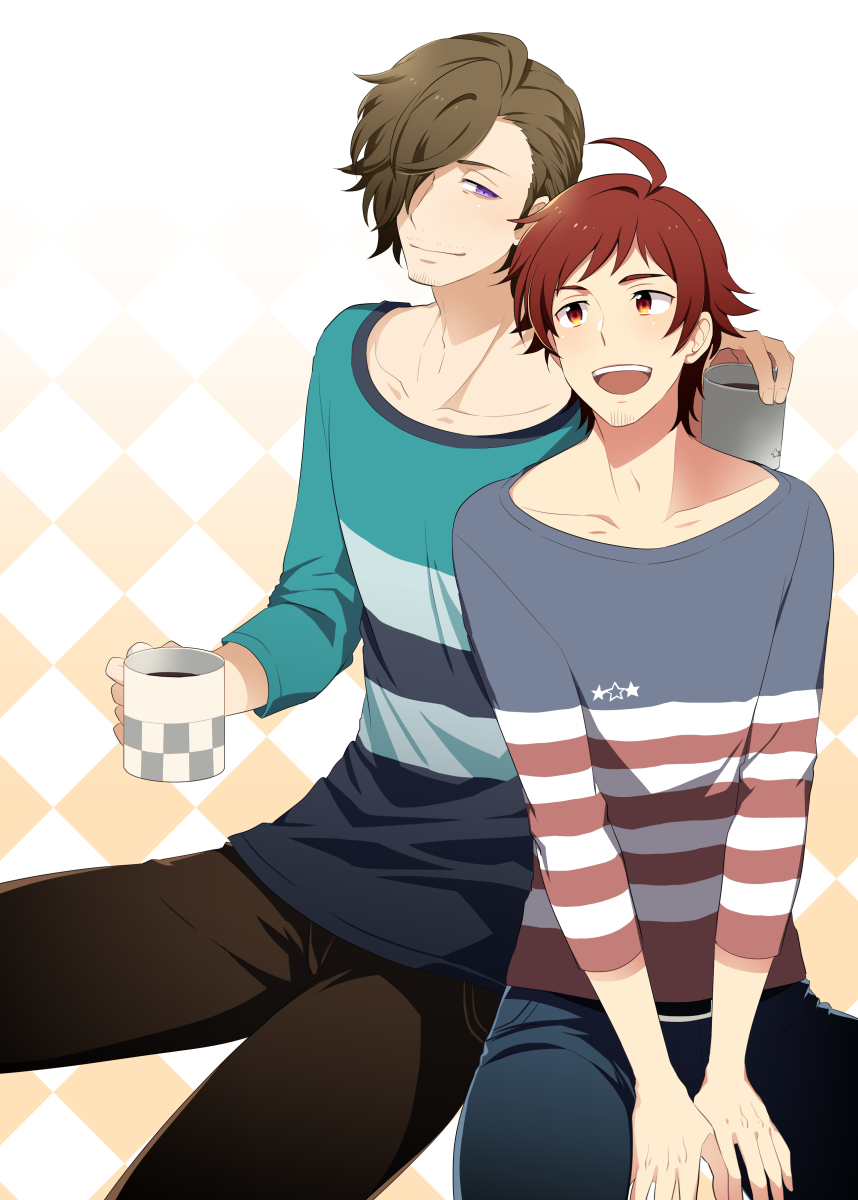 2boys :d ahoge argyle argyle_background black_pants blue_pants blue_shirt brown_eyes brown_hair collarbone cup facial_hair hair_over_one_eye highres holding holding_cup idolmaster idolmaster_side-m l_(matador) long_sleeves male_focus multiple_boys open_mouth pants shirt simple_background sitting smile striped striped_shirt stubble tendou_teru violet_eyes yamashita_jirou