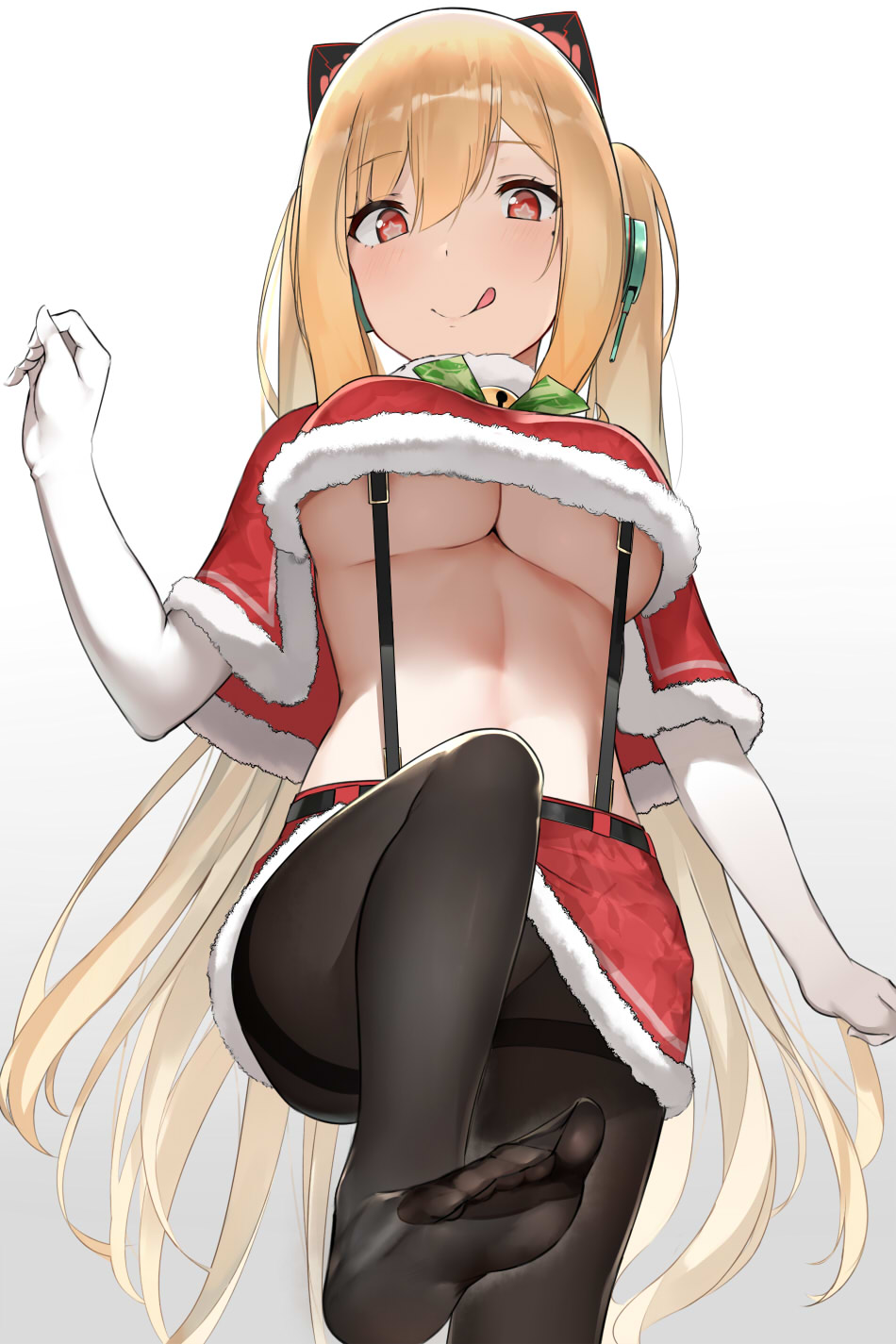 1girl azur_lane bangs bell black_legwear blonde_hair blush breasts capelet cat_ear_headphones closed_mouth concord_(azur_lane) concord_(sweet_christmas)_(azur_lane) elbow_gloves feet fur-trimmed_capelet fur-trimmed_skirt fur_trim gloves gradient gradient_background hair_between_eyes headphones highres large_breasts leg_up licking_lips long_hair looking_at_viewer mole mole_under_eye navel nnoelllll pantyhose red_capelet red_eyes red_skirt skirt smile solo star star-shaped_pupils suspenders symbol-shaped_pupils thigh-highs thighs tongue tongue_out twintails under_boob white_background white_gloves