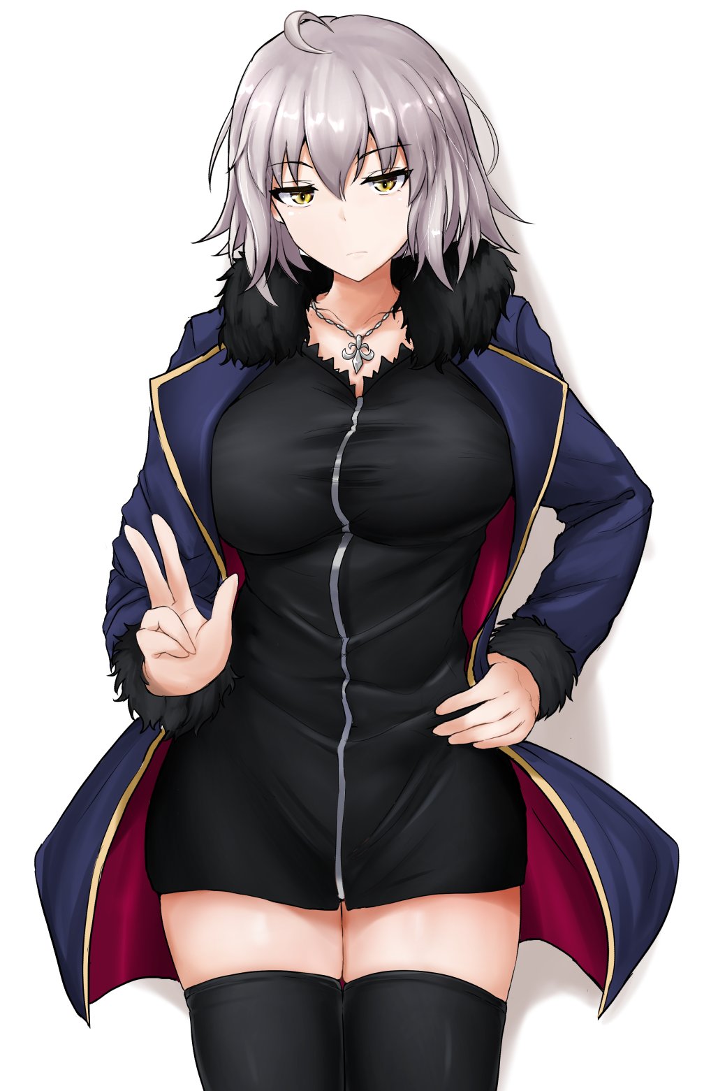 1girl ahoge bangs black_dress black_legwear blue_jacket blush breasts closed_mouth dress fate/grand_order fate_(series) full-length_zipper fur-trimmed_jacket fur-trimmed_sleeves fur_trim hair_between_eyes highres jacket jeanne_d'arc_(alter)_(fate) jeanne_d'arc_(fate)_(all) jewelry large_breasts long_sleeves looking_at_viewer necklace open_clothes open_jacket poshi_(ginmokusei) short_dress short_hair silver_hair simple_background solo thigh-highs thighs white_background wicked_dragon_witch_ver._shinjuku_1999 yellow_eyes zipper