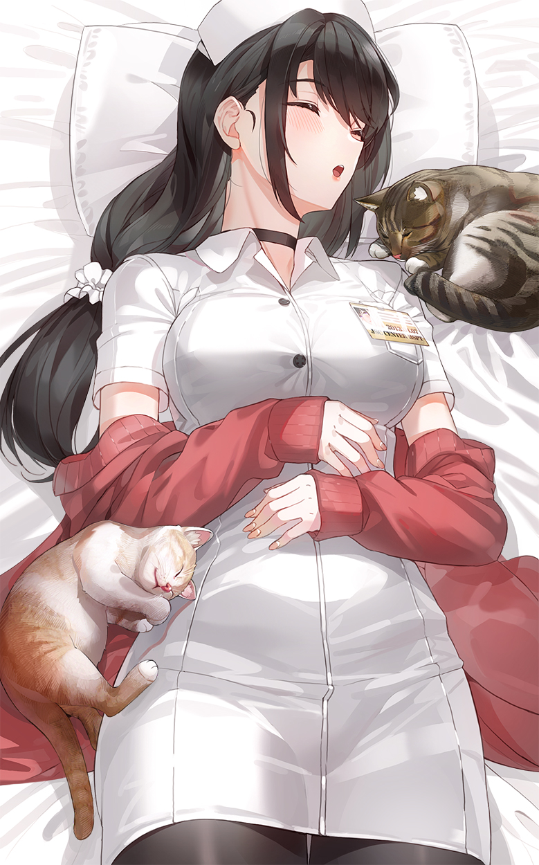 1girl animal bangs bed_sheet black_choker black_hair black_legwear blush breasts cardigan cat choker closed_eyes commentary_request fingernails hair_ornament hair_scrunchie hands_on_own_stomach hat highres id_card kfr long_hair long_sleeves low-tied_long_hair low_ponytail medium_breasts nurse nurse_cap off_shoulder open_cardigan open_clothes open_mouth original pantyhose pillow red_cardigan scrunchie sleeping solo
