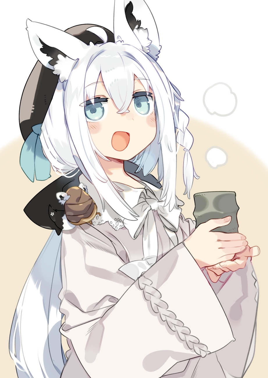 1girl :d animal_ear_fluff animal_ears bangs beret black_bow black_headwear blue_eyes blush blush_stickers bow commentary_request cup eyebrows_visible_through_hair fox_ears fox_girl hair_between_eyes hair_bow hair_ribbon hat highres holding holding_cup hololive karei long_hair looking_at_viewer low_ponytail open_mouth oruyanke_(fubuki_channel) ponytail ribbon shirakami_fubuki sidelocks simple_background smile solo steam teacup very_long_hair virtual_youtuber white_hair white_neckwear wide_sleeves yunomi