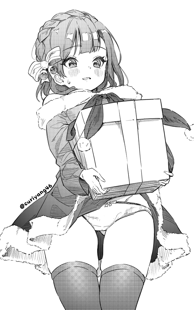 1girl accidental_exposure ass_visible_through_thighs bangs bare_shoulders blush bow bow_panties box braid crown_braid dress eyebrows_visible_through_hair fur-trimmed_dress gift gift_box greyscale groin hair_bow holding holding_gift idolmaster idolmaster_million_live! kuri_choko monochrome nanao_yuriko off-shoulder_dress off_shoulder panties parted_lips santa_costume simple_background solo striped striped_bow sweat thigh-highs thigh_gap twitter_username underwear white_background