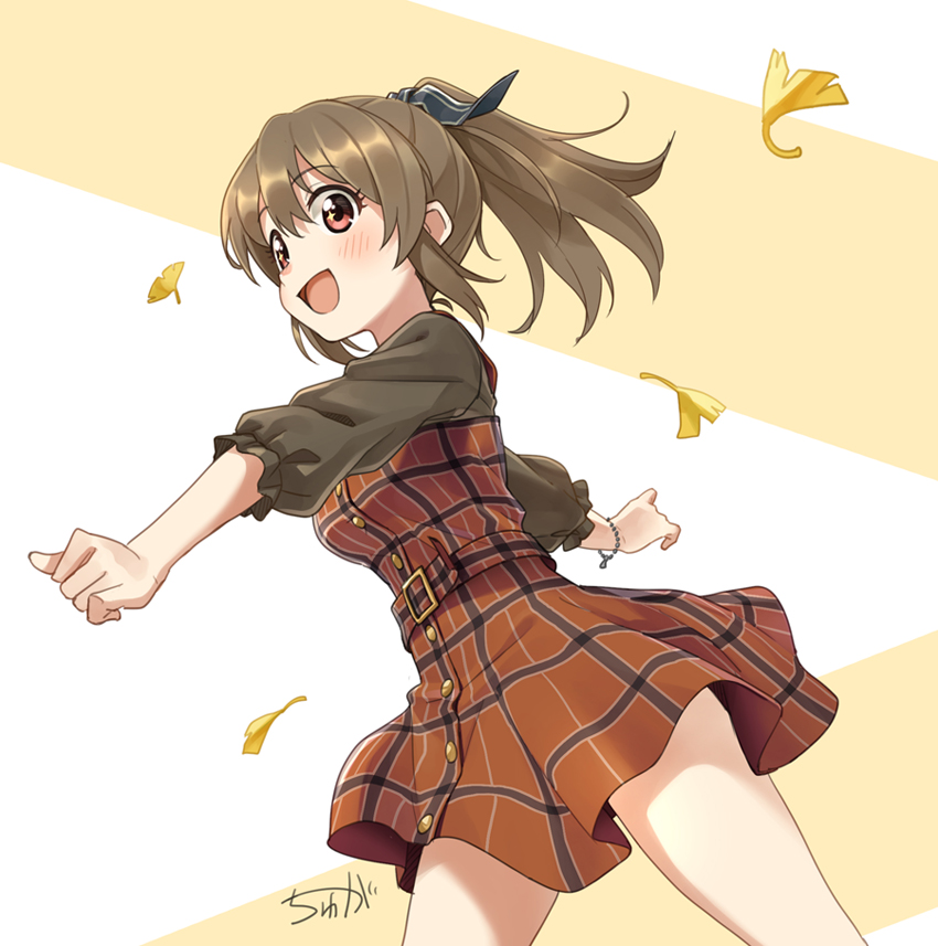 1girl :d belt blush bow bracelet brown_hair commentary_request cowboy_shot dress eyebrows_visible_through_hair ginkgo_leaf hair_bow high_ponytail hori_yuuko idolmaster idolmaster_cinderella_girls jewelry long_hair open_mouth outstretched_arms plaid plaid_dress ponytail red_eyes signature smile solo sparkling_eyes two-tone_background tyuga