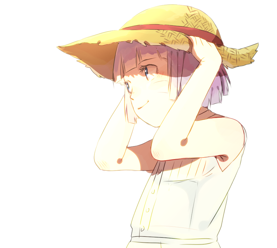 1girl arms_up bangs bare_arms bare_shoulders blue_eyes blunt_bangs boruto:_naruto_next_generations buttons close-up dress eyelashes face hand_on_headwear happy hat head_tilt looking_away mizuto_(o96ap) naruto naruto_(series) purple_hair shade short_hair simple_background sleeveless sleeveless_dress smile solo straw_hat upper_body uzumaki_himawari very_short_hair whisker_markings white_background white_dress
