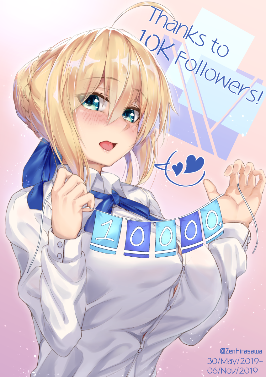 1girl ahoge alternate_breast_size artoria_pendragon_(all) bangs blonde_hair blue_ribbon blush braid breasts collared_shirt dress_shirt fate/stay_night fate_(series) french_braid gradient gradient_background green_eyes hair_between_eyes hair_bun hair_ribbon heart highres hirasawa_seiji large_breasts long_hair long_sleeves looking_at_viewer neck_ribbon open_mouth pink_background ribbon saber shirt smile solo spoken_heart white_shirt