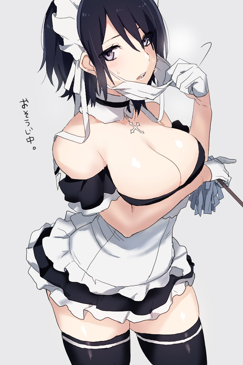 1girl arm_under_breasts black_hair black_legwear blue_eyes breasts duster gloves headband high_heels highres large_breasts looking_at_viewer maid maid_dress maid_headdress mashiro_(rikuya) mask monochrome_background open_mouth original ribbon short_hair siblings standing staring thigh-highs thighs translated twins white_gloves white_ribbon