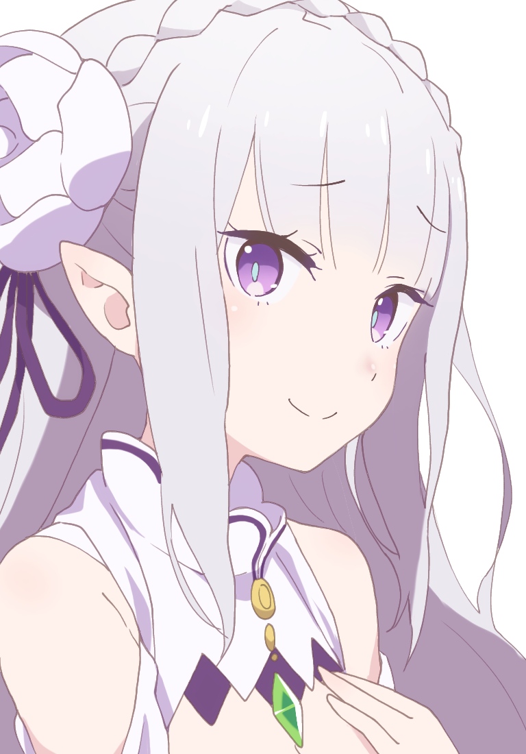 1girl bangs bare_shoulders blush braid closed_mouth crown_braid ddak5843 dress emilia_(re:zero) eyebrows_visible_through_hair flower hair_flower hair_ornament hair_ribbon hand_up long_hair purple_ribbon re:zero_kara_hajimeru_isekai_seikatsu ribbon rose silver_hair simple_background sleeveless sleeveless_dress smile solo upper_body violet_eyes white_background white_dress white_flower white_rose