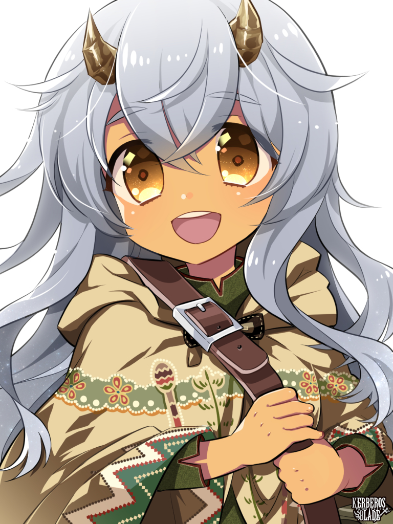 1girl :d brown_eyes brown_horns dark_skin grey_hair hood hood_down horns kerberos_blade l_(matador) long_hair open_mouth simple_background smile solo upper_body white_background