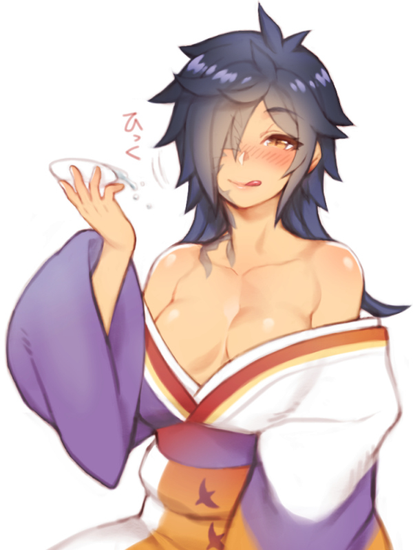 1girl :q bare_shoulders black_hair blush brown_eyes collarbone drunk facial_mark folks_(nabokof) genderswap genderswap_(mtf) hair_over_one_eye japanese_clothes kimono long_hair looking_at_viewer messy_hair off_shoulder rokurou_rangetsu shiny shiny_skin simple_background smile solo tales_of_(series) tales_of_berseria tongue tongue_out upper_body white_background