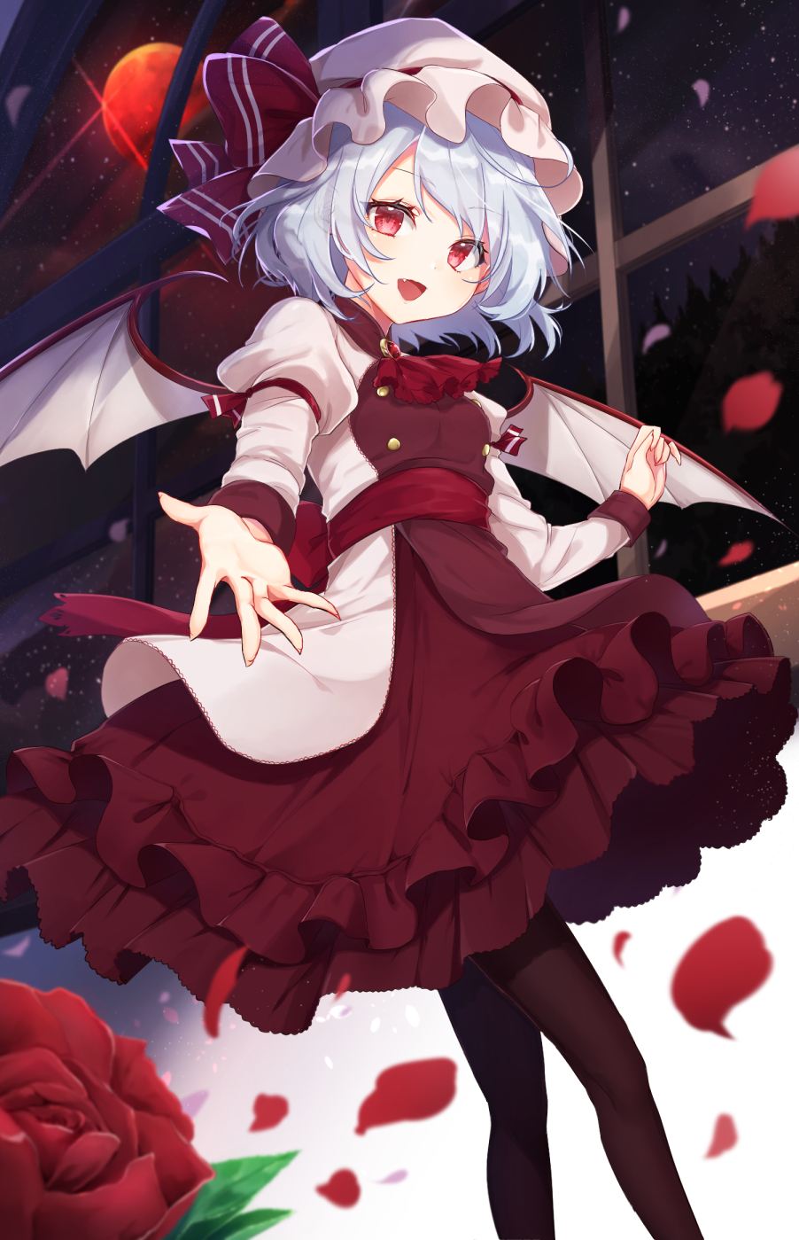 1girl :d ascot bangs bat_wings black_legwear blue_hair blush brooch commentary eyebrows_visible_through_hair fang feet_out_of_frame flower hat hat_ribbon highres jewelry juliet_sleeves konnyaku_(yuukachan_51) long_sleeves looking_at_viewer mob_cap moon open_mouth pantyhose petals puffy_sleeves reaching_out red_eyes red_flower red_moon red_neckwear red_ribbon red_rose red_skirt remilia_scarlet ribbon rose rose_petals shirt short_hair skirt smile solo standing touhou white_headwear white_shirt window wings