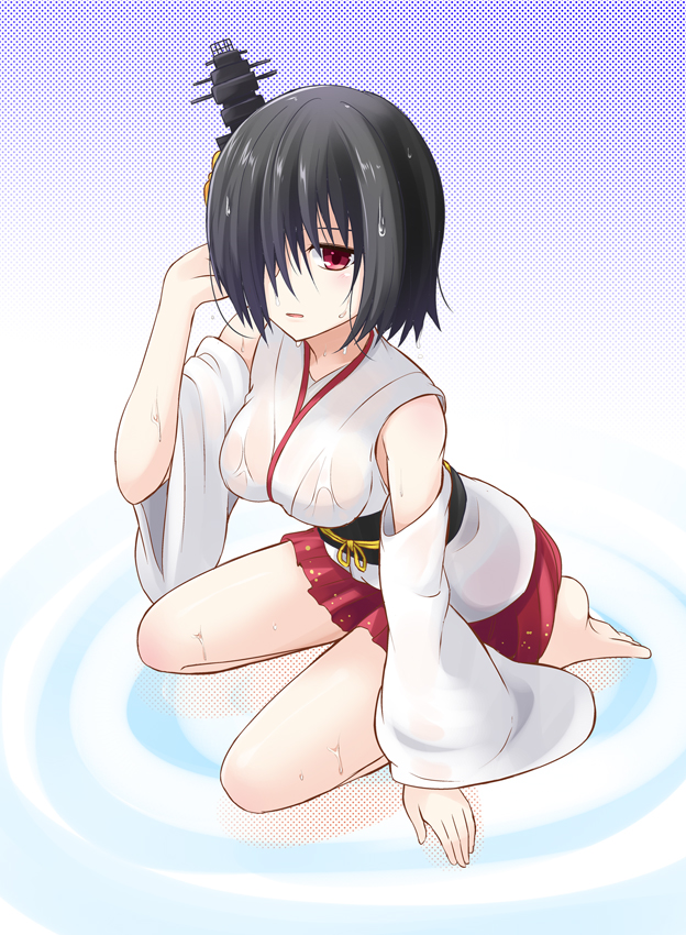 1girl barefoot black_hair breasts commentary_request detached_sleeves gradient gradient_background hair_ornament hair_over_one_eye ichimi kantai_collection medium_breasts polka_dot polka_dot_background red_eyes short_hair solo water wet wet_clothes white_background wide_sleeves yamashiro_(kantai_collection)