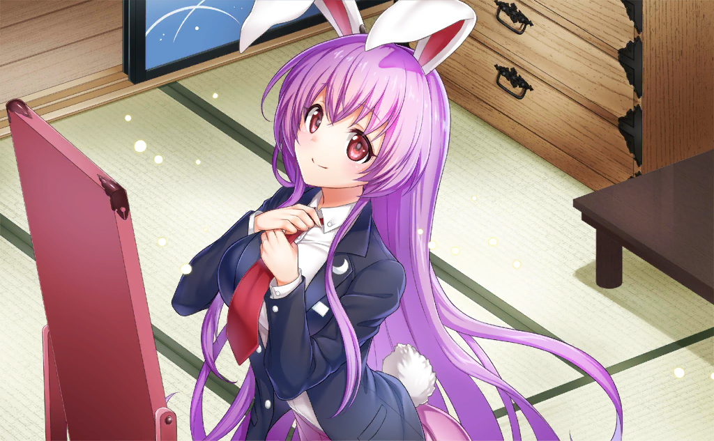 1girl animal_ears artist_request bangs black_jacket blazer blush breasts bunny_tail crescent crescent_moon_pin drawer eyebrows_visible_through_hair hands_up head_tilt indoors jacket large_breasts long_hair long_sleeves looking_at_viewer mirror necktie open_clothes open_jacket pink_skirt purple_hair rabbit_ears red_eyes red_neckwear reisen_udongein_inaba shirt sidelocks skirt sliding_doors smile solo tail tatami touhou touhou_cannonball upper_body very_long_hair white_shirt