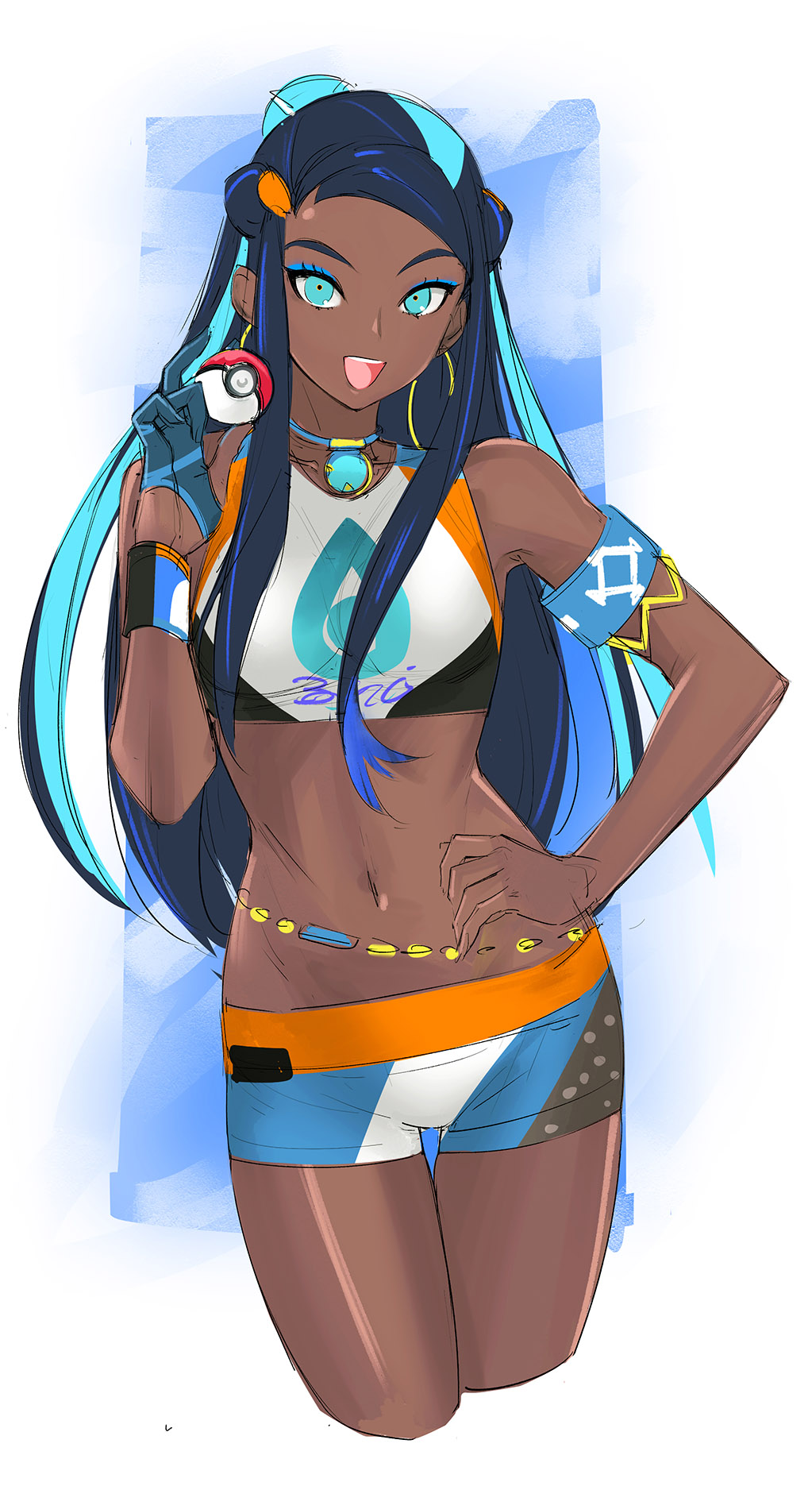 1girl aqua_eyes aqua_hair armband armlet bangs belly_chain black_hair blue_eyeshadow blue_hair breasts dark_skin earrings eyeshadow forehead gloves gym_leader hand_on_hip highres holding holding_poke_ball hoop_earrings jewelry looking_at_viewer makeup multicolored_hair open_mouth partly_fingerless_gloves poke_ball poke_ball_(generic) pokemon pokemon_(game) pokemon_swsh rurina_(pokemon) single_glove small_breasts solo swept_bangs swimsuit tankini tetsu_(kimuchi) thigh_gap toned wristband