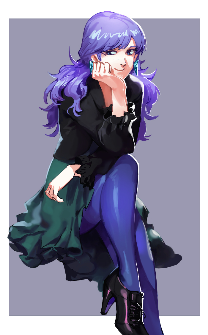 1girl blue_eyes blue_legwear earrings green_skirt hands_on_own_cheeks hands_on_own_face hands_on_own_knees high_heels jewelry long_hair long_skirt looking_at_viewer original pantyhose purple_hair ruukii_drift simple_background sitting skirt smile twintails