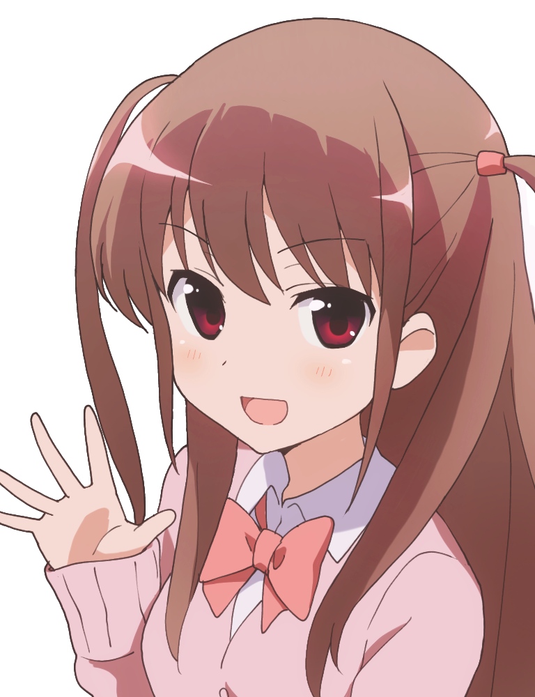 1girl :d achiga_school_uniform atarashi_ako bangs blush bow bowtie breasts brown_hair collared_shirt ddak5843 eyebrows_visible_through_hair hand_up long_hair long_sleeves looking_at_viewer open_mouth pink_sweater red_eyes red_neckwear saki saki_achiga-hen school_uniform shirt simple_background sleeves_past_wrists small_breasts smile solo sweater two_side_up upper_body v-shaped_eyebrows white_background white_shirt