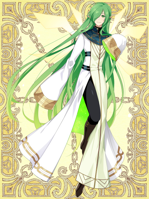 androgynous brown_footwear elf full_body green_eyes green_hair hair_over_one_eye kerberos_blade l_(matador) long_hair looking_at_viewer official_art pointy_ears robe simple_background sleeves_past_fingers sleeves_past_wrists smile solo standing very_long_hair white_robe wide_sleeves