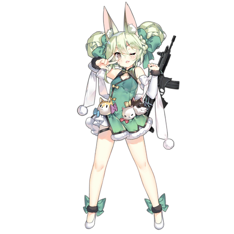 1girl ;d animal_ear_fluff animal_ears ankleband art556_(girls_frontline) bangs bare_legs bare_shoulders blush bow brown_eyes china_dress chinese_clothes cleavage_cutout detached_sleeves double_bun dress eyebrows_visible_through_hair fang fangs flat_chest girls_frontline green_bow green_dress green_hair gun hair_bow holding holding_gun holding_weapon looking_at_viewer mouth official_art one_eye_closed open_mouth rifle saru shoes short_dress smile solo standing stuffed_animal stuffed_cat stuffed_dog stuffed_toy taurus_art556 thigh_strap transparent_background v v_over_eye weapon white_bow white_footwear white_sleeves