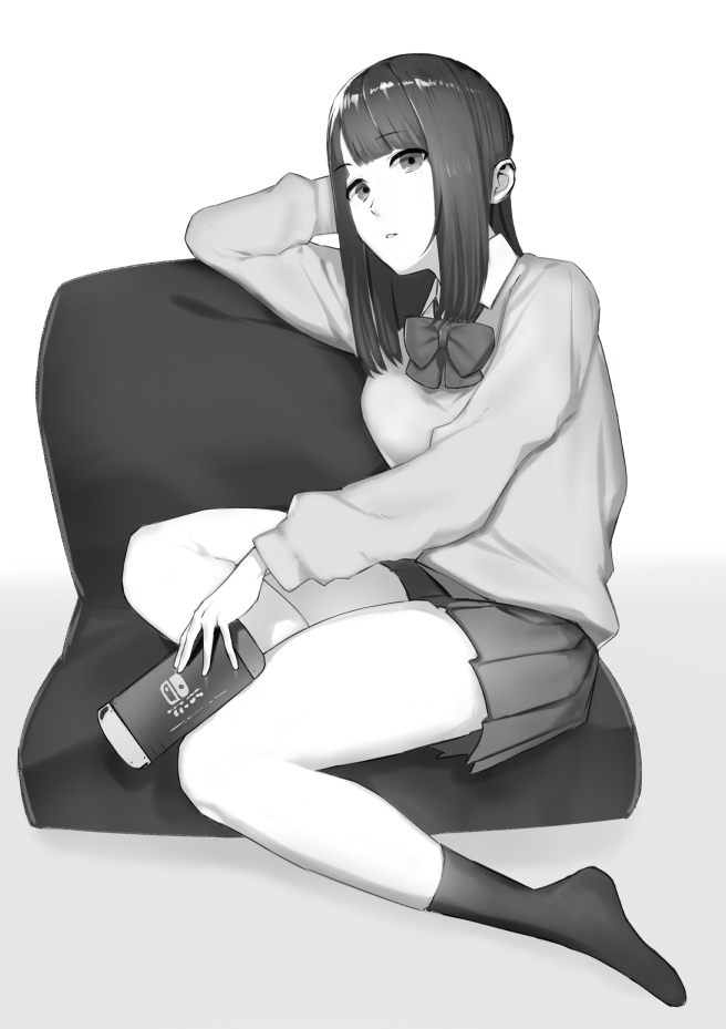 1girl full_body game_console greyscale handheld_game_console holding_handheld_game_console long_hair looking_at_viewer monochrome nintendo nintendo_switch original pleated_skirt satsuma_imou school_uniform sitting skirt solo sweater thighs uniform