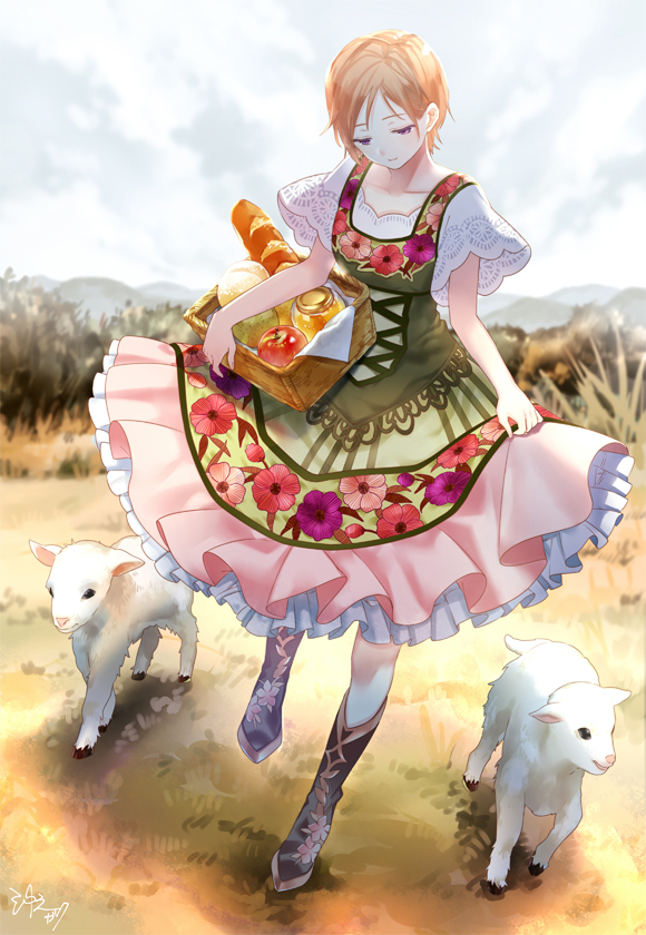 1girl apple baguette basket blonde_hair boots bread brown_footwear closed_mouth clouds cloudy_sky collarbone dress field food fruit full_body hill honey jar knee_boots lace lace-trimmed_shirt looking_down original outdoors pinafore_dress pink_skirt sheep shirt shiya_(mizushibuki) short_hair short_sleeves signature skirt sky smile solo underskirt violet_eyes walking white_shirt wide_sleeves