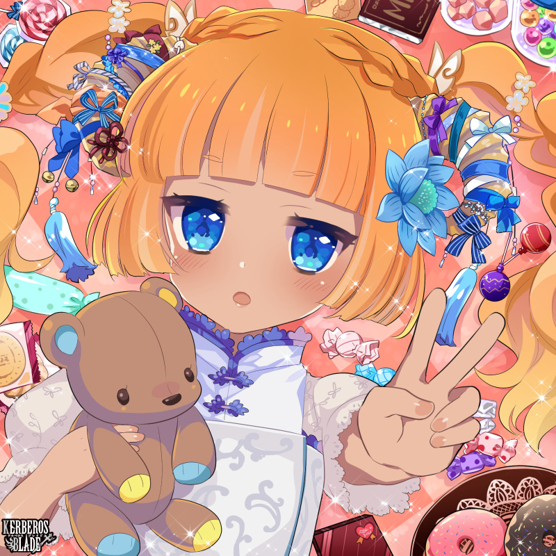 1girl argyle argyle_background bad_arm bangs blue_eyes blunt_bangs blush braid candy child chocolate_bar commission copyright_name doughnut flower food hair_flower hair_ornament hand_up holding holding_stuffed_animal kerberos_blade l_(matador) lollipop orange_hair pink_background short_sleeves solo stuffed_animal stuffed_toy teddy_bear twintails v wrapped_candy