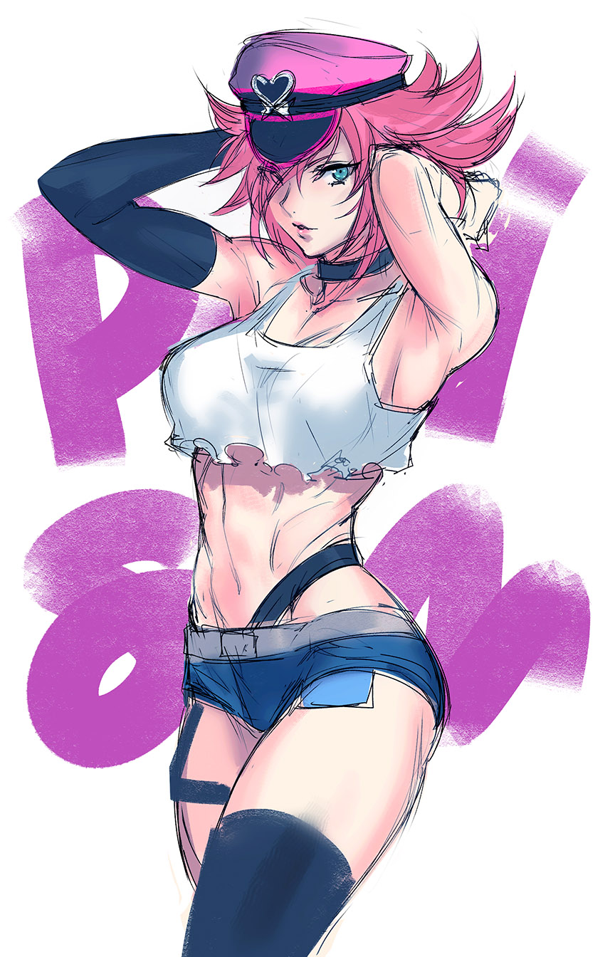 1girl arms_up black_choker blue_eyes breasts choker crop_top crop_top_overhang elbow_gloves exposed_pocket final_fight gloves hat highres hugo_andore looking_at_viewer medium_breasts navel peaked_cap pink_hair pink_headwear poison_(final_fight) short_hair short_shorts shorts single_elbow_glove single_thighhigh sketch solo street_fighter street_fighter_v tetsu_(kimuchi) thigh-highs toned
