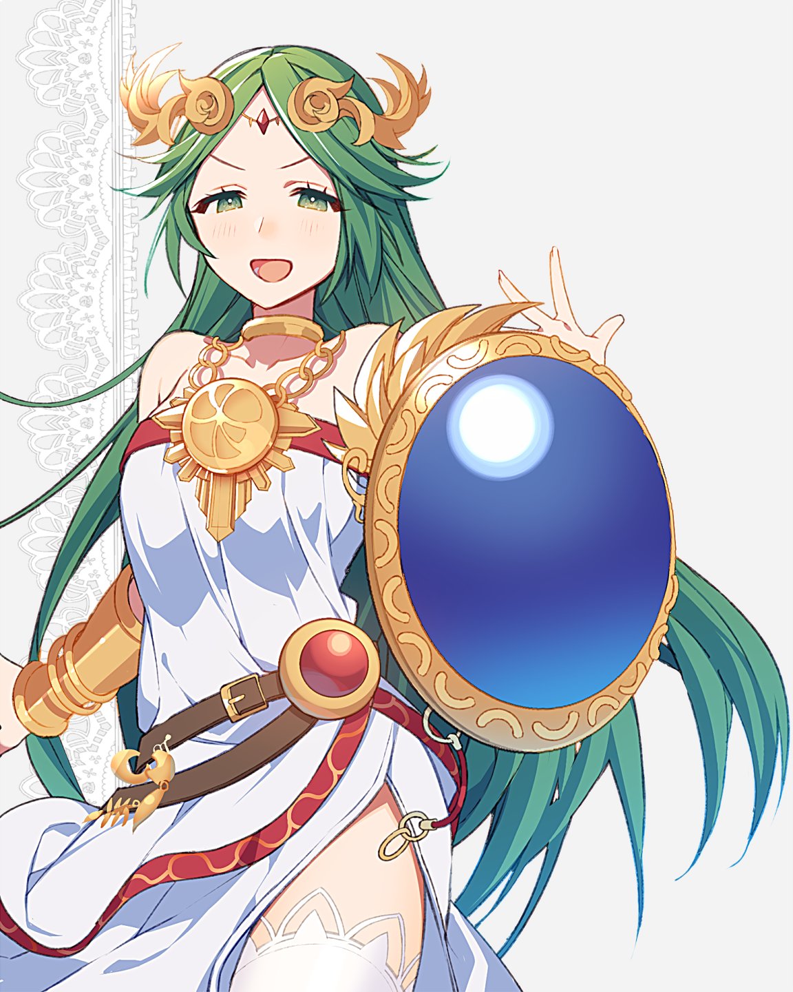 1girl armlet bangs belt breasts choker commentary_request cowboy_shot dress eyelashes gold_choker green_eyes green_hair grey_background hair_spread_out hand_up headdress highleg highres jewelry kid_icarus kid_icarus_uprising lace_background long_hair looking_at_viewer medium_breasts necklace open_mouth palutena parted_bangs ryon_(ryonhei) shadow shield sidelocks simple_background smug solo strapless strapless_dress thigh-highs very_long_hair white_dress