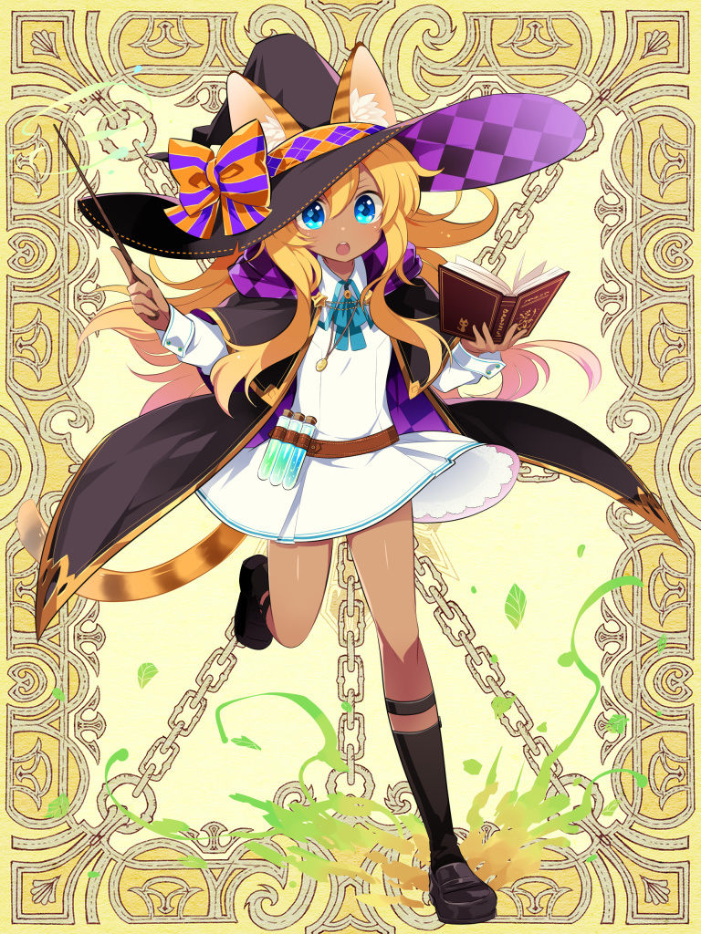 1girl :o animal_ears argyle belt black_cape black_footwear black_legwear blonde_hair blue_eyes blue_neckwear book bow cape cat_ears cat_tail dark_skin dress gold_trim hat hat_bow holding holding_book kerberos_blade l_(matador) long_hair looking_at_viewer open_book orange_bow potion purple_bow sidelocks simple_background socks solo standing standing_on_one_leg striped striped_bow tail vial wand white_dress wizard_hat yellow_background