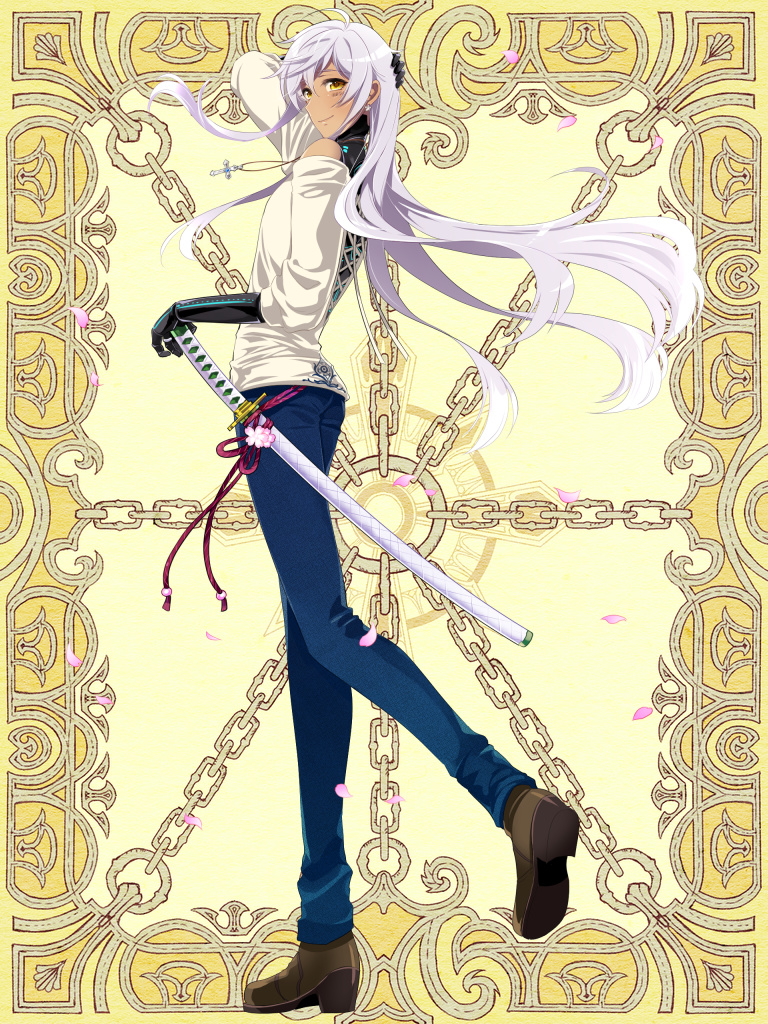 androgynous black_gloves blue_pants brown_eyes brown_footwear cross cross_necklace dark_skin denim full_body gloves hand_on_own_head jeans jewelry kerberos_blade l_(matador) long_sleeves looking_at_viewer necklace pants petals shirt shoes simple_background smile white_shirt yellow_background