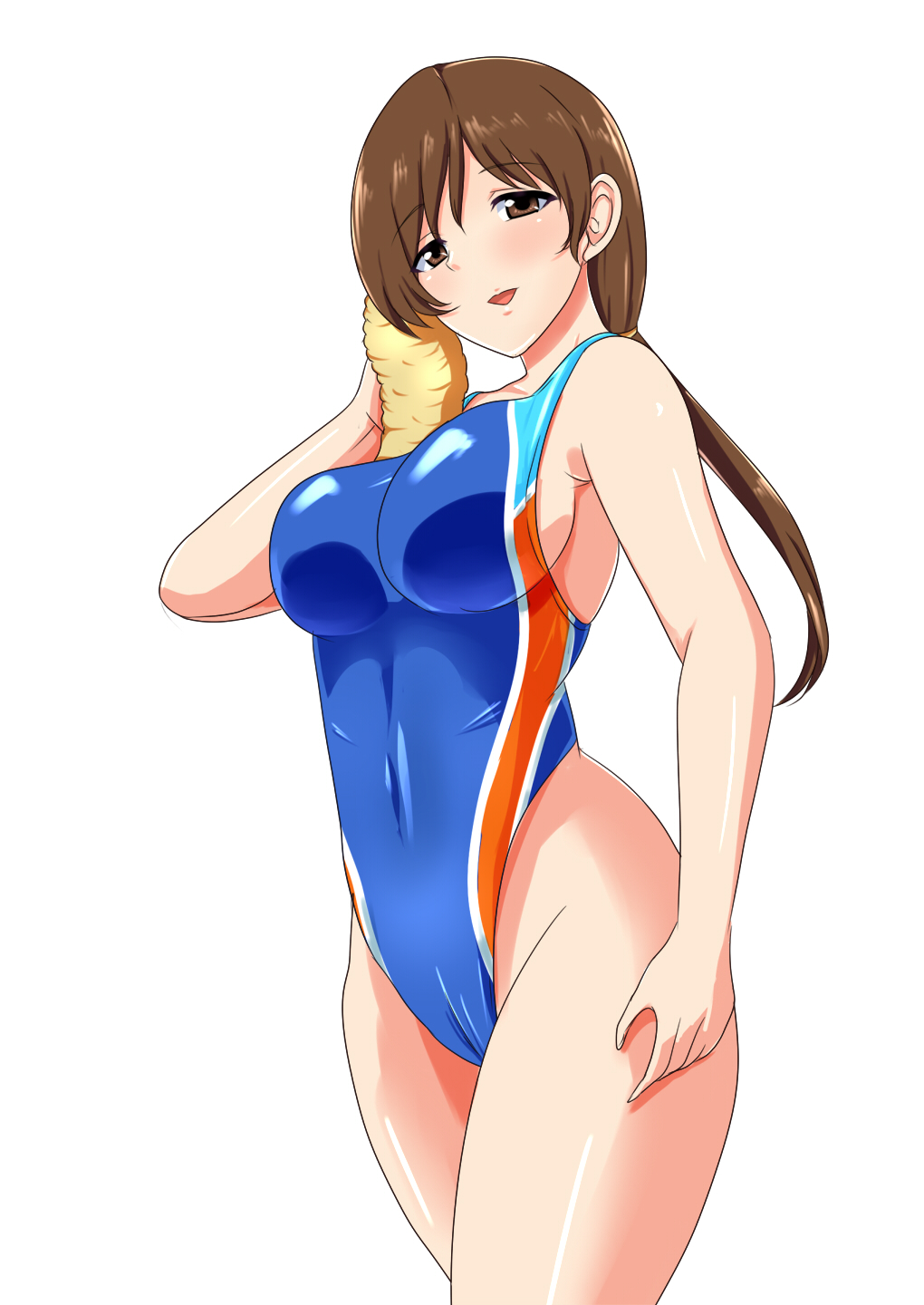 1girl blue_swimsuit brown_eyes brown_hair competition_swimsuit covered_navel cowboy_shot highleg highleg_swimsuit highres idolmaster idolmaster_cinderella_girls idolmaster_cinderella_girls_starlight_stage long_hair low_ponytail nitta_minami one-piece_swimsuit outdoors simple_background solo standing swimsuit white_background yao_(user_jzpa8855) yellow_towel