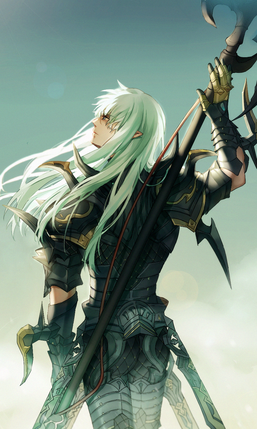 1boy arm_up armor back bangs blue_background character_request closed_mouth dama_(sindygao) final_fantasy final_fantasy_xiv gauntlets gradient gradient_background highres holding holding_weapon long_hair looking_up male_focus pauldrons pointy_ears simple_background solo standing weapon white_hair