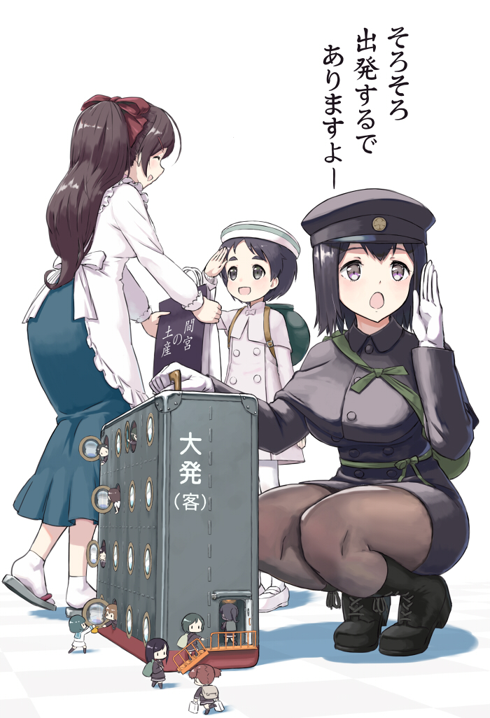 6+girls akitsu_maru_(kantai_collection) black_hair blush bow breasts brown_hair closed_eyes commentary_request fairy_(kantai_collection) full_body gloves grey_eyes hair_bow hair_ornament hair_ribbon hat kaku_choushi kantai_collection kappougi large_breasts long_hair looking_at_viewer mamiya_(kantai_collection) maru-yu_(kantai_collection) military military_uniform multiple_girls open_mouth peaked_cap ponytail remodel_(kantai_collection) ribbon shadow short_hair sitting skirt smile thigh-highs translation_request uniform white_coat white_gloves white_headwear white_legwear