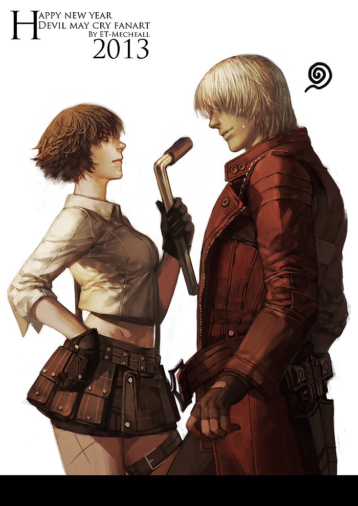 1boy 1girl black_hair breasts closed_mouth coat dante_(devil_may_cry) devil_may_cry devil_may_cry_3 ebony_&amp;_ivory et.m fingerless_gloves gloves gun handgun jacket lady_(devil_may_cry) scar short_hair silver_hair simple_background smile weapon white_background white_hair
