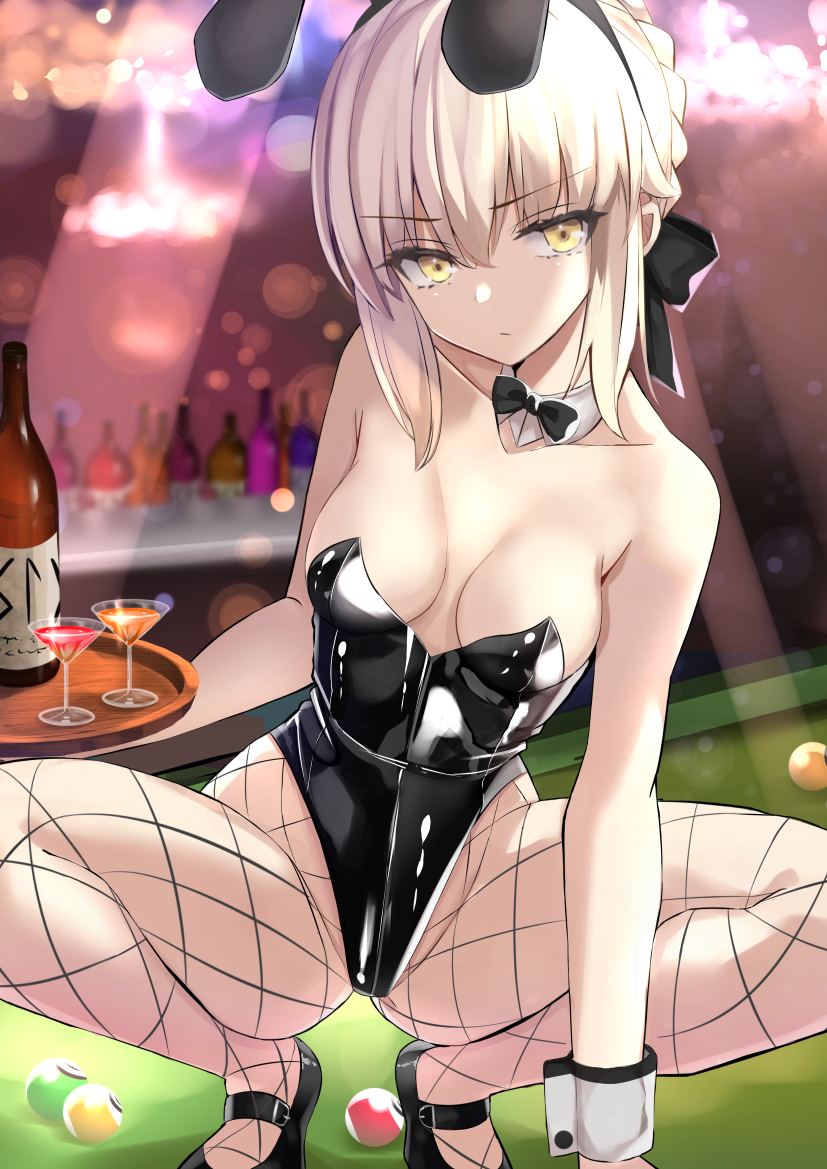 1girl animal_ears artoria_pendragon_(all) bangs bare_shoulders black_leotard blonde_hair blush bottle braid breasts bunnysuit closed_mouth cocktail_glass collarbone covered_navel cup detached_collar drinking_glass fate/stay_night fate_(series) fishnet_legwear fishnets french_braid hair_between_eyes kesoshirou leotard long_hair looking_at_viewer rabbit_ears saber_alter sidelocks small_breasts solo squatting thighs tray wrist_cuffs yellow_eyes