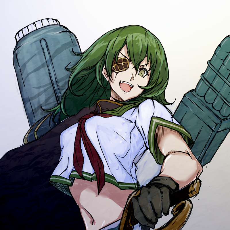 1girl black_cape cape crop_top crop_top_overhang cutlass eyepatch gradient gradient_background green_eyes green_hair green_sailor_collar kantai_collection kiso_(kantai_collection) looking_at_viewer machinery medium_hair midriff neckerchief nona_(goodboy) open_mouth pauldrons red_neckwear remodel_(kantai_collection) sailor_collar school_uniform serafuku smile solo upper_body white_background