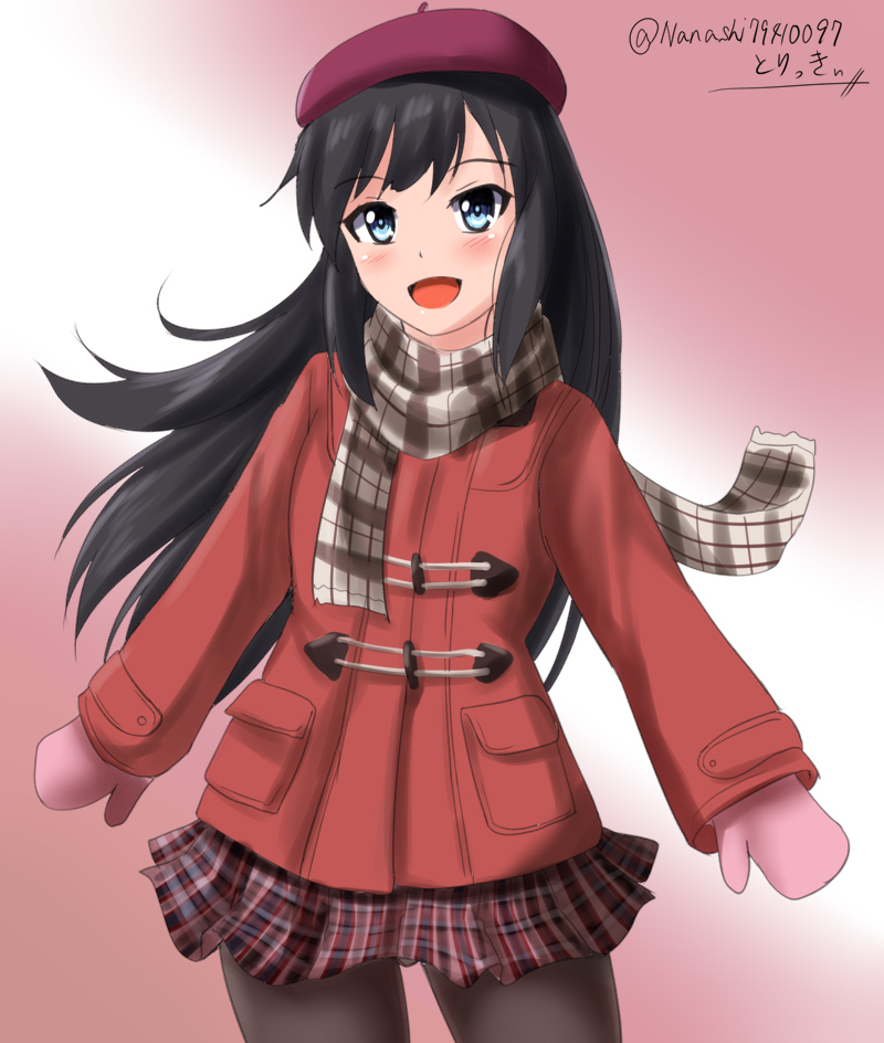 1girl alternate_costume asashio_(kantai_collection) beret black_hair blue_eyes brown_legwear coat commentary_request cowboy_shot dated gradient gradient_background hat kantai_collection long_hair looking_at_viewer mittens pantyhose pink_background pink_mittens plaid plaid_scarf plaid_skirt pleated_skirt red_coat red_headwear scarf skirt smile solo standing twitter_username winter_clothes zanntetu