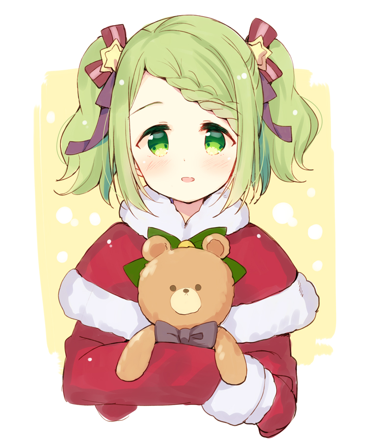 1girl bangs black_bow blush bow capelet cropped_torso dress eyebrows_visible_through_hair fur-trimmed_capelet fur-trimmed_sleeves fur_trim green_bow green_eyes green_hair hair_bow hair_ornament long_sleeves looking_at_viewer meito_(maze) mittens morinaka_kazaki nijisanji object_hug parted_lips red_bow red_capelet red_dress red_mittens santa_costume sidelocks smile solo star star_hair_ornament striped striped_bow stuffed_animal stuffed_toy swept_bangs teddy_bear twintails upper_body virtual_youtuber