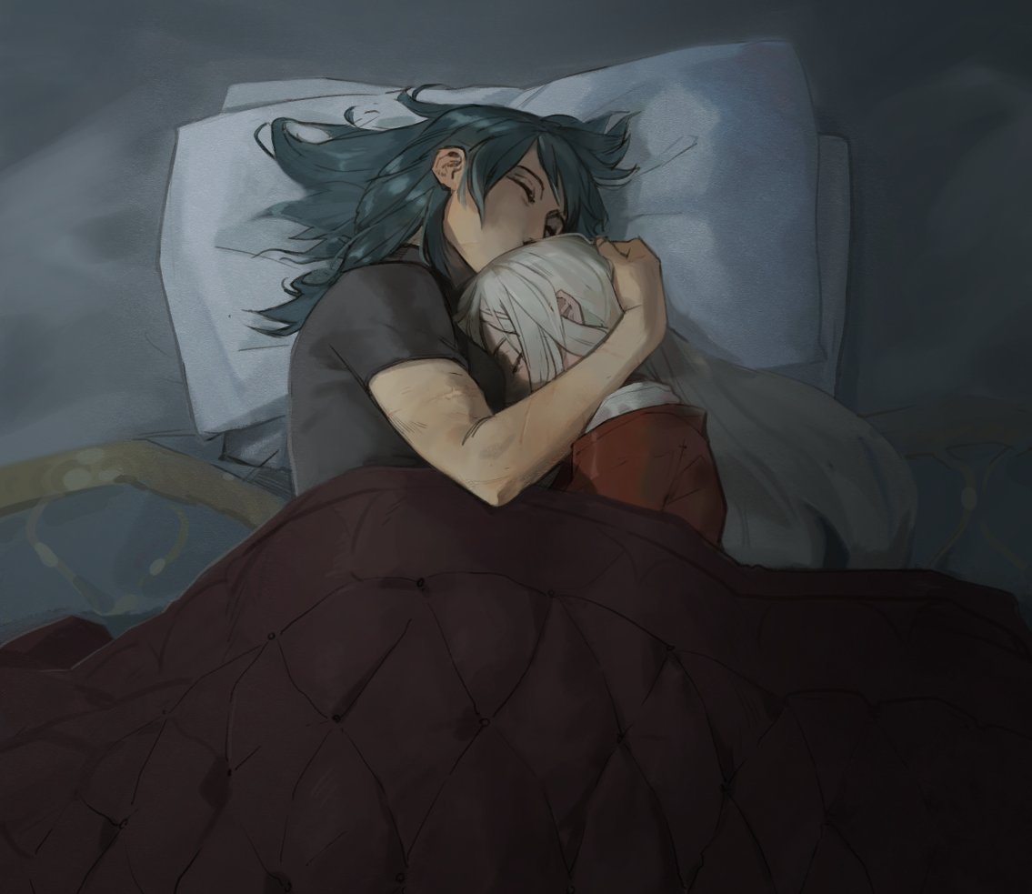 2girls byleth_(fire_emblem) byleth_eisner_(female) byleth_eisner_(female) closed_eyes cute edelgard_von_hresvelg fire_emblem fire_emblem:_three_houses fire_emblem:_three_houses fire_emblem_16 green_hair grey_hair hand_on_another's_head hand_on_another's_hip holding_hands intelligent_systems long_hair multiple_girls nintendo papers_ev pillow short_hair sleeping under_covers yuri